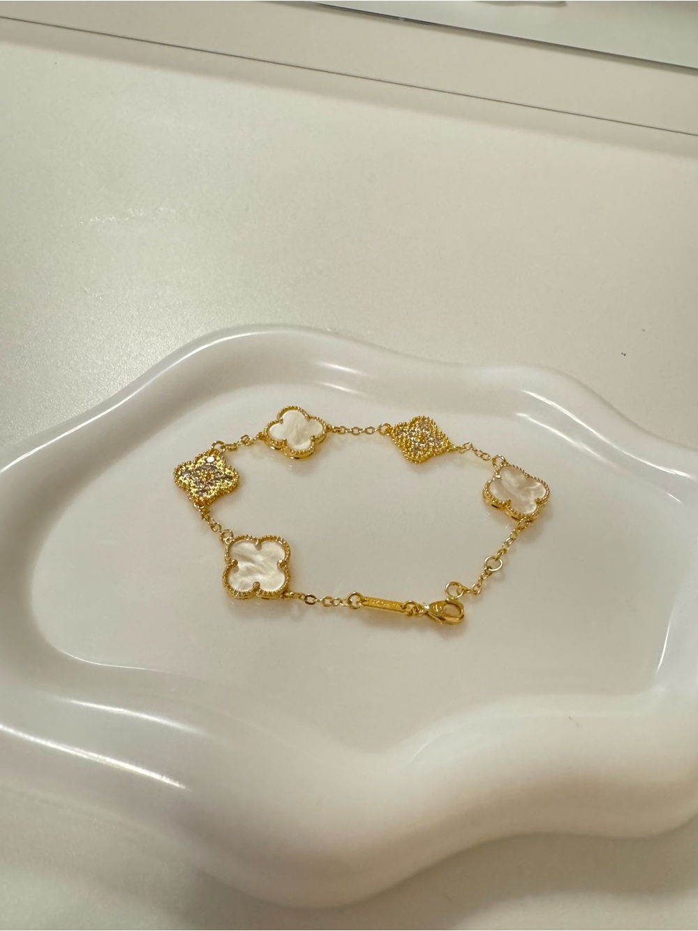 Gold Floral Clover Bracelet with White Accents. Non-tarnish 18k gold plated. - Picture 3 of 3